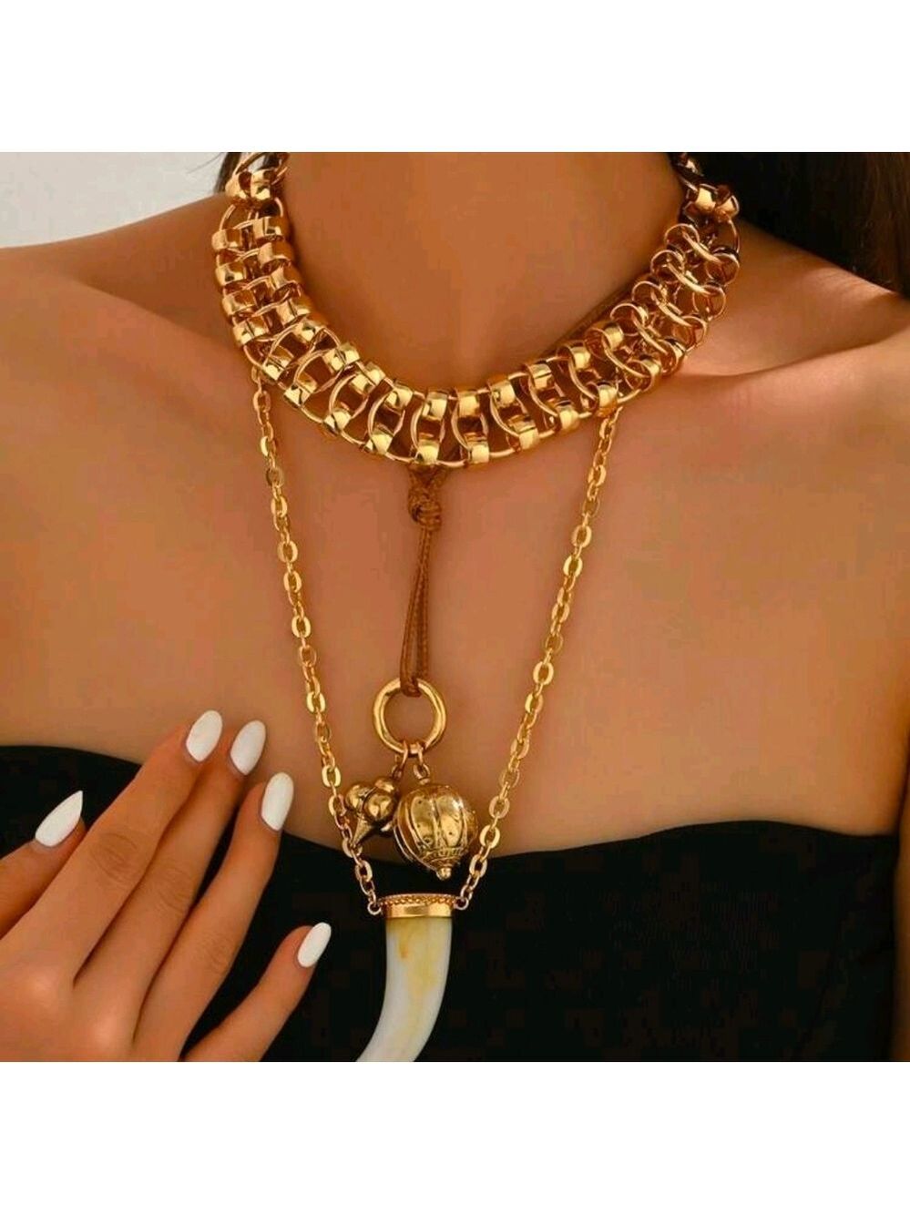 Gold and Brown Layered Necklace Set - Picture 5 of 5
